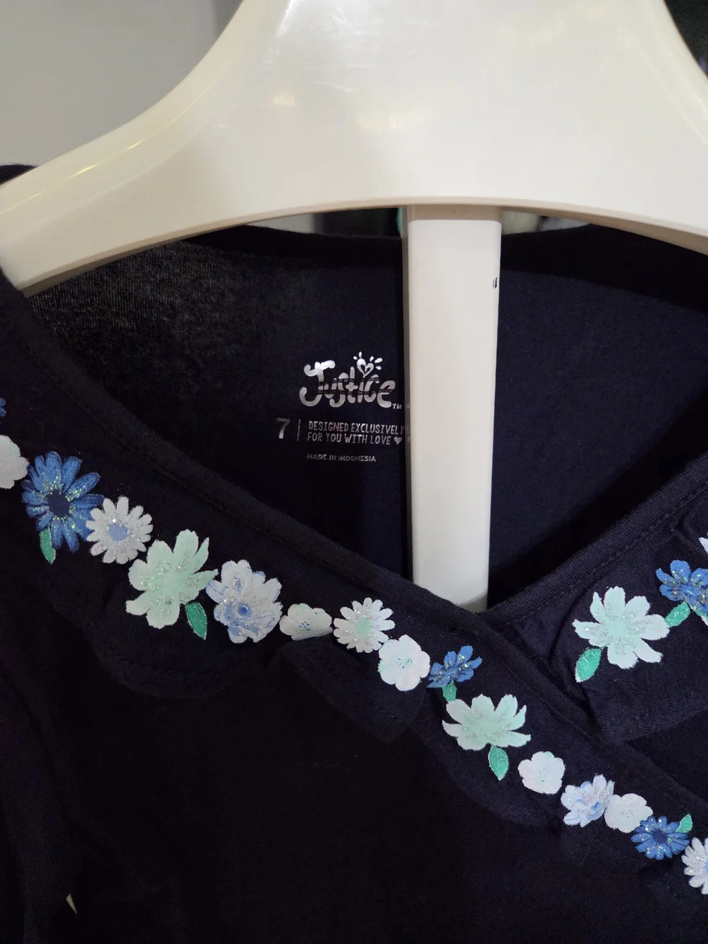 Justice Navy Long-Sleeve Top with Blue Floral Trim